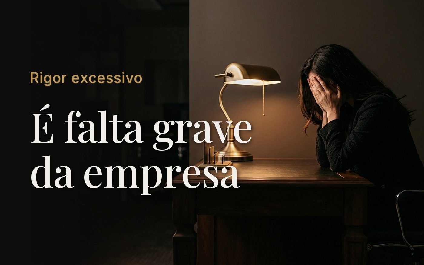 Mulher sentada à mesa de trabalho, à noite, com as mãos cobrindo o rosto