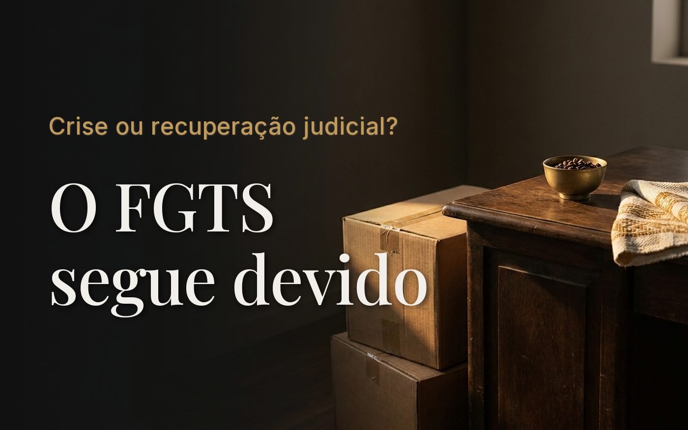 Caixas de papelão empilhadas ao lado de um móvel escuro em uma sala esvaziada, com luz de janela ao entardecer