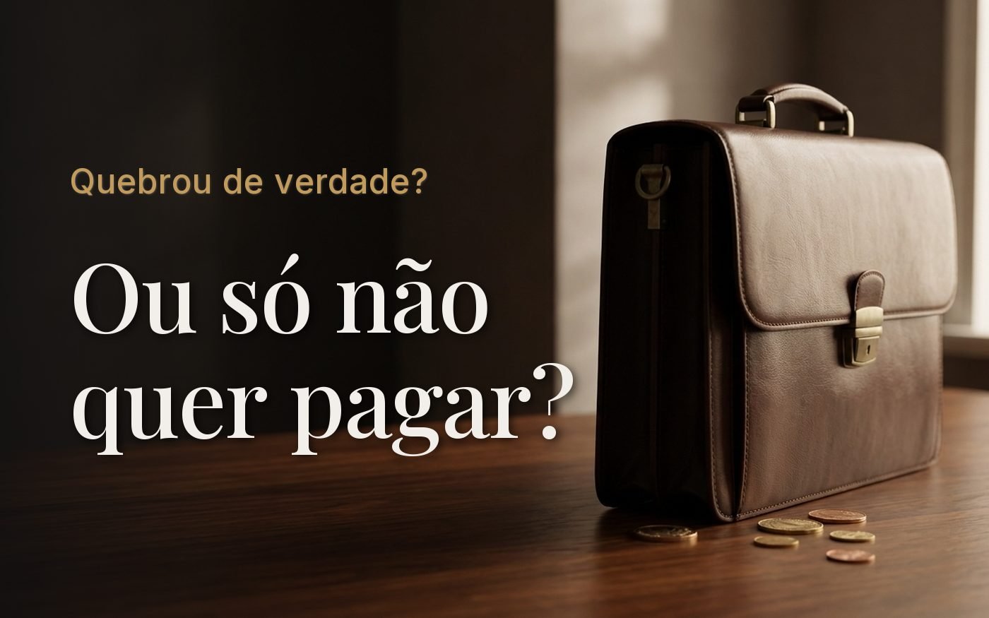 Maleta de couro fechada sobre uma mesa de madeira escura, com poucas moedas caídas ao lado