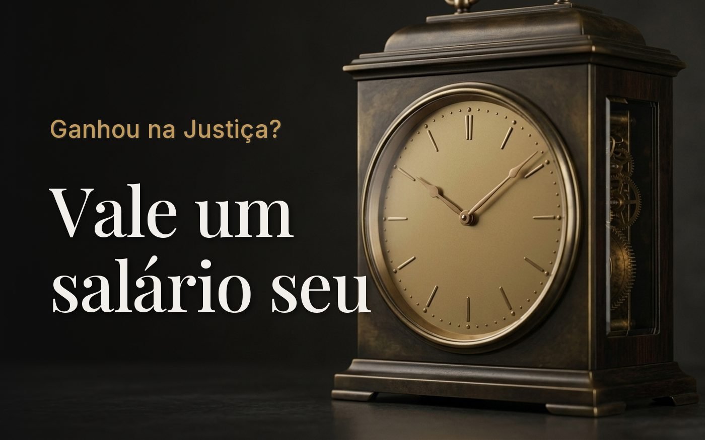 Relógio de mesa antigo de latão e madeira escura, com mostrador dourado sem numerais, sobre uma superfície escura, com o lado esquerdo do quadro em sombra