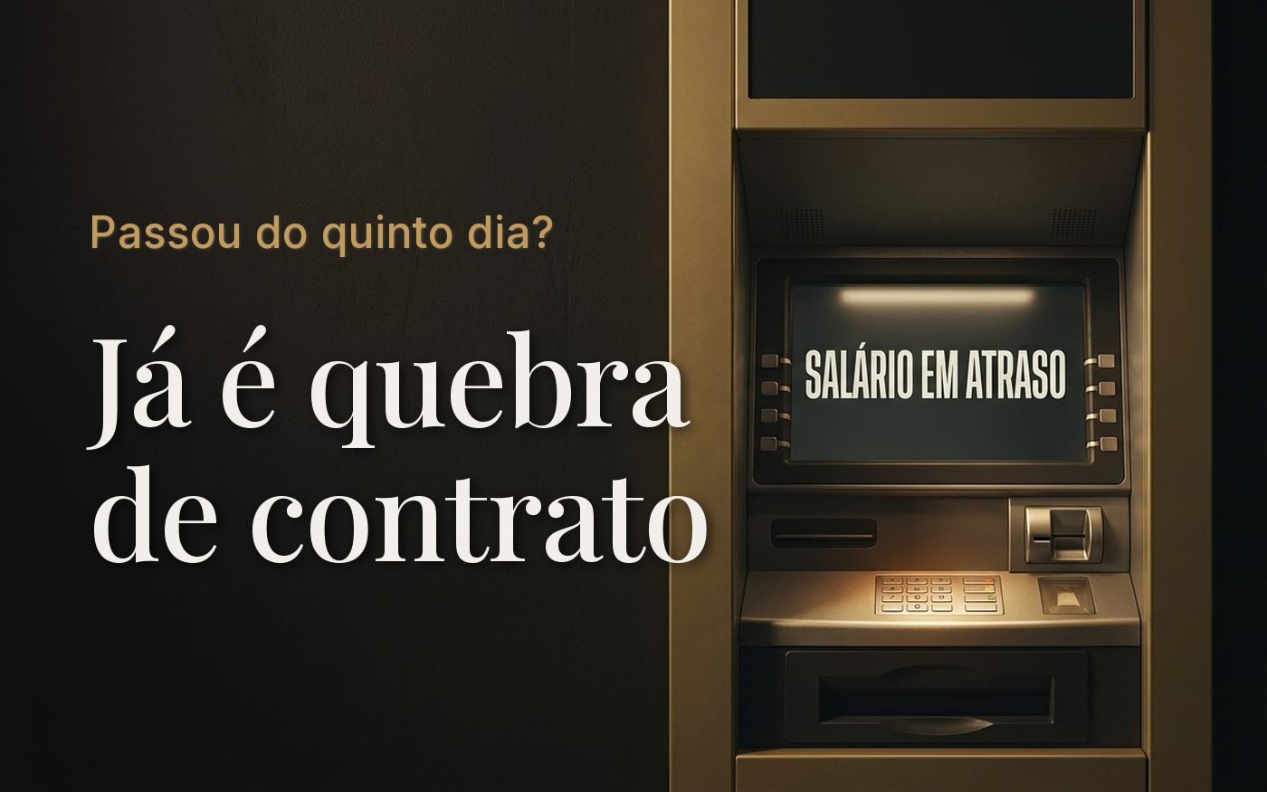 Caixa eletrônico dourado embutido em uma parede escura, com a tela acesa exibindo um aviso de salário em atraso