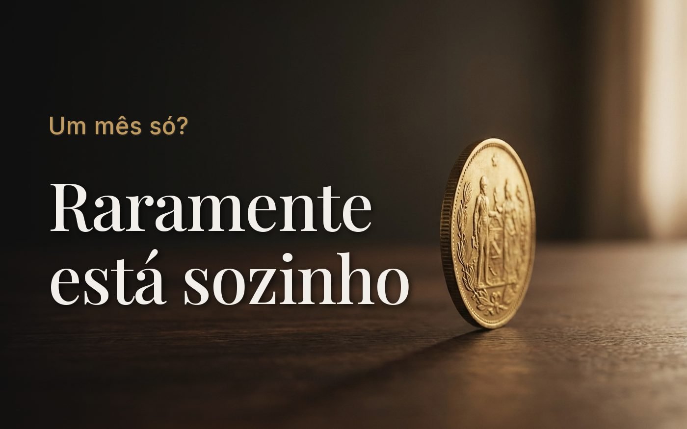 Uma única moeda de bronze em pé sobre uma mesa escura