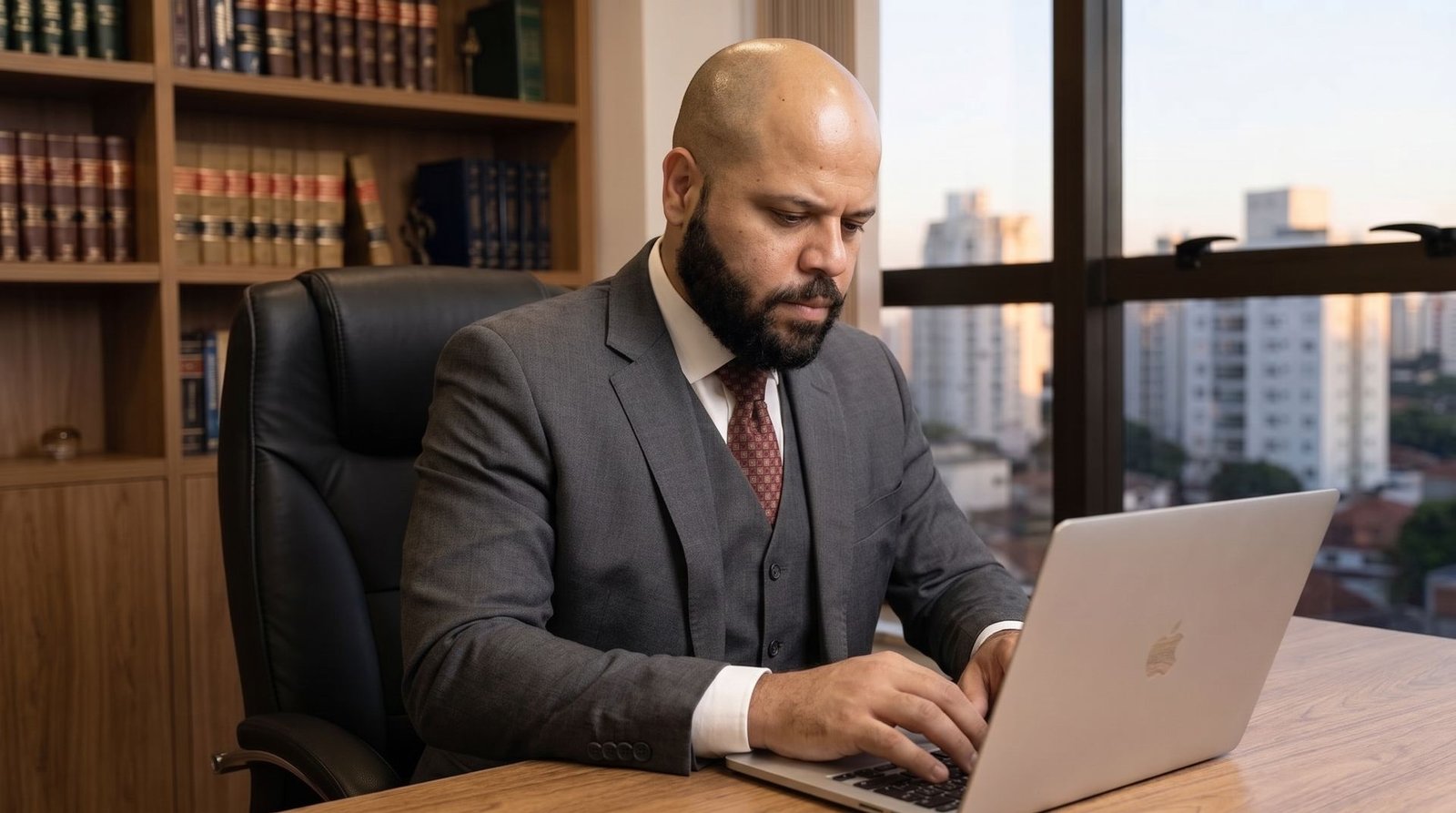 Computador sobre a mesa de trabalho do escritório de advocacia
